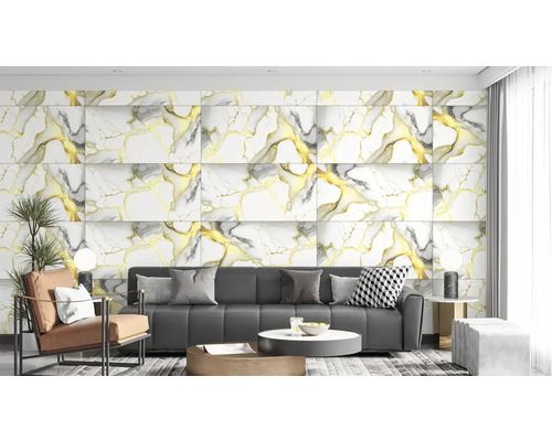 Obývací pokoj s nástěnnými panely ve vzhledu mramoru