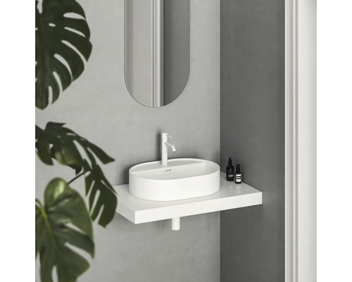 Moderní koupelna s bílým umyvadlem na desce, zrcadlem a rostlinou.