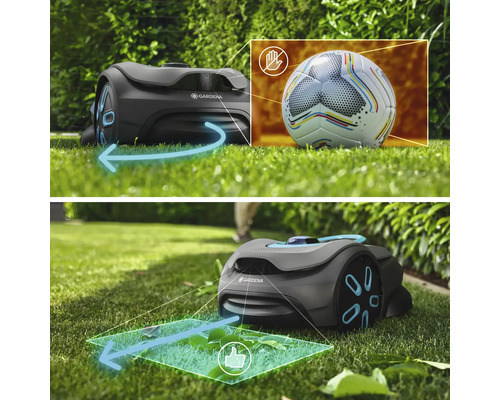 Robotická sekačka Gardena na trávníku s pokyny pro detekci překážek