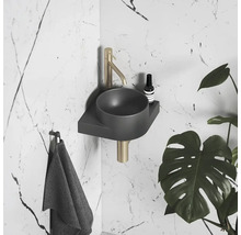 Koupelna s umyvadlem, baterií, ručníkem a pokojovou rostlinou