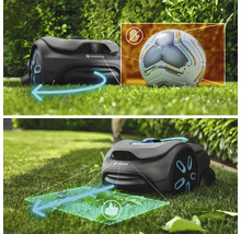 Robotická sekačka Gardena v provozu na trávníku se symboly pro detekci překážek a doporučené použití