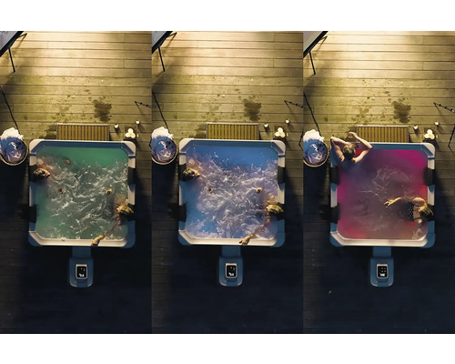 Tři vířivky na dřevěné terase s koupajícími se a barevným osvětlením.