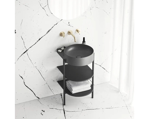 Koupelnová umyvadlová skříňka s kulatým umyvadlem na desku a úložnými přihrádkami