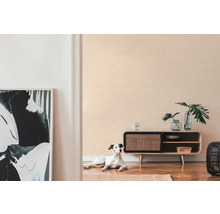 Obývací pokoj s dřevěnou skříňkou, dekorací, uměleckým dílem a psem na koberci.