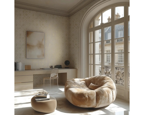 Světlá místnost se stolem, židlí, sedacím vakem a velkým oknem