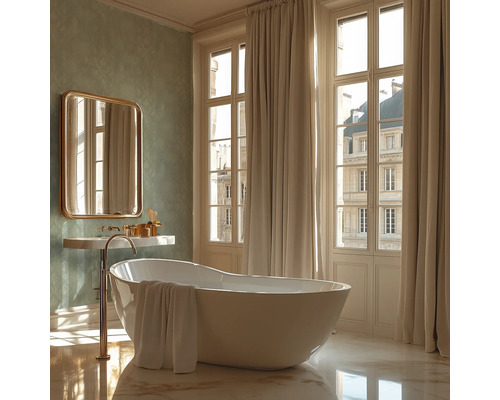 Koupelna s volně stojící vanou, umyvadlem a zrcadlem