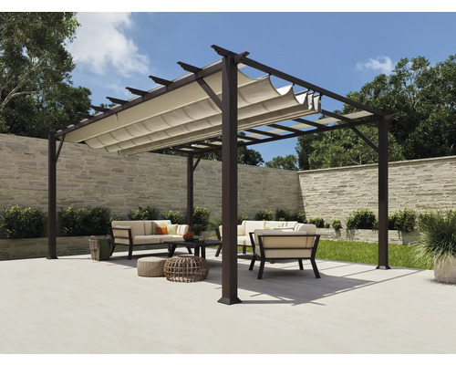 Pergola Florence 11x16 Kakao Pergola s výsuvnou sluneční clonou a zahradním nábytkem na terase
