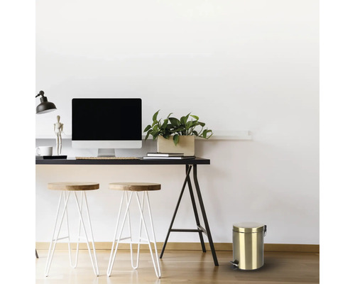 Scéna se stolem, židlemi, monitorem počítače, rostlinou a kovovým kbelíkem s nožním pedálem.
