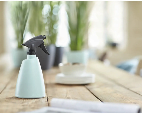 Plastová rozprašovací láhev s rozprašovací hlavicí na dřevěném stole