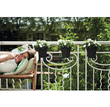 Žena relaxuje s knihou na lavičce na balkoně s truhlíky