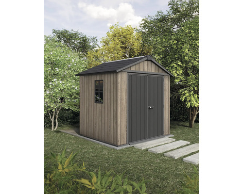 Plastový domek Keter Apex 7,5x7 Ashwood vč. podlahy Dřevěný zahradní domek s dvoukřídlými dveřmi a oknem na zahradě