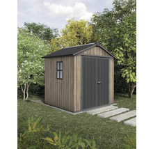 Zahradní kůlna s dvoukřídlými dveřmi, oknem a sedlovou střechou na zahradě