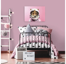 Zdobený dětský pokoj s postelí, žebříkem a nástěnnou malbou lišky v kombinéze astronauta.