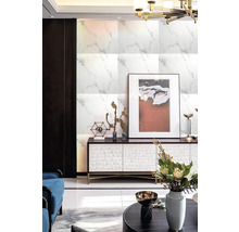 Interiér s obloženou stěnou ve vzhledu mramoru, komoda a dekorace