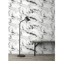 Pohled do místnosti s obkladem stěn ve vzhledu mramoru, stojací lampou a konzolou