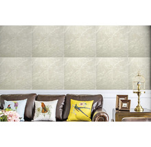 Obývací pokoj s obkladem stěn se vzhledem mramoru a hnědou koženou pohovkou