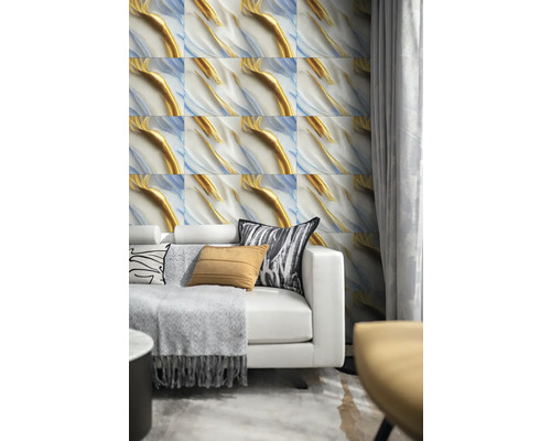 Dekorativní interiér s obkladačkami, pohovkou a závěsy