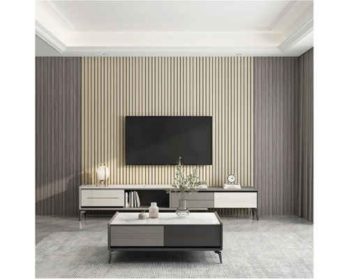 Moderní obývací pokoj s televizí, skříňkou a konferenčním stolkem