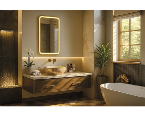 Moderní koupelna s umyvadlem, zrcadlem s osvětlením a vanou.