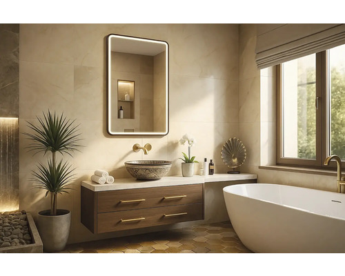 Světlá koupelna s umyvadlem, zrcadlem s osvětlením, vanou a dekorativními prvky