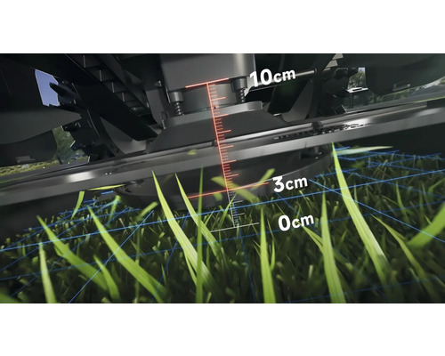 Detailní pohled na sekačku na trávu s ukazatelem výšky sečení mezi nulou a deseti centimetry
