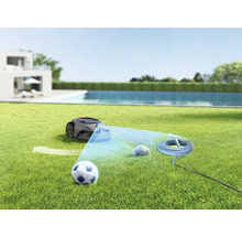 Robotická sekačka na trávníku s fotbalovým míčem, kamenem a zahradní hadicí