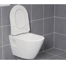 Závěsný záchod s otevřeným záchodovým prkénkem v koupelně s obklady