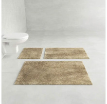 Koupelna s toaletní mísou a třemi koupelnovými předložkami