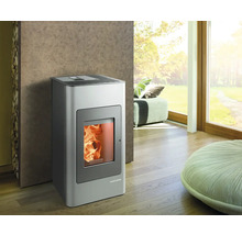 Peletová kamna Haas und Sohn v obývacím pokoji s oknem a posezením