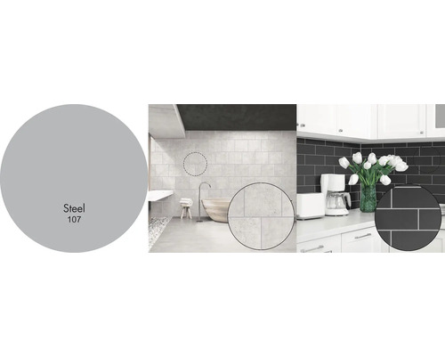 Použití dlaždic v koupelně a kuchyni s barevným vzorkem ocel 107