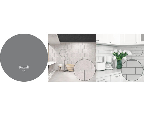 Koupelna a kuchyně s obklady stěn v různých odstínech šedé a detaily dlaždic.