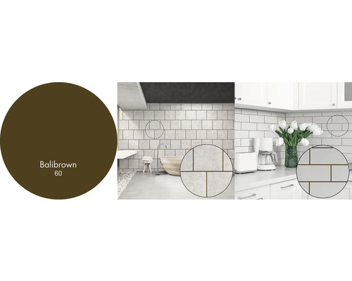 Příklady koupelnových a kuchyňských obkladů s hnědou barvou spár