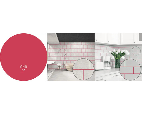 Barva spárovací hmoty Chili 37 v koupelnovém a kuchyňském prostředí