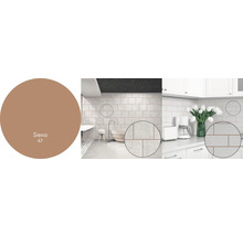 Příklad koupelny a kuchyně s obkladem a vzorkem barvy Siena 47