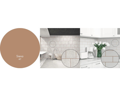 Příklad koupelny a kuchyně s obkladem a vzorkem barvy Siena 47