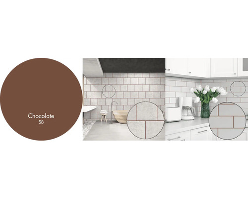 Obklady v koupelně a kuchyni s hnědými spárami a barevným polem čokoláda 58.