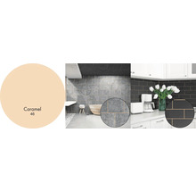 Nástěnné design s dlaždicemi v koupelně a kuchyni, barevný tón karamel