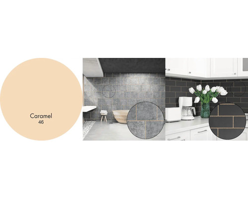 Nástěnné design s dlaždicemi v koupelně a kuchyni, barevný tón karamel