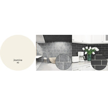 Paleta barev s Jasmine 40 pro design stěn s dlaždicemi v koupelně a kuchyni.