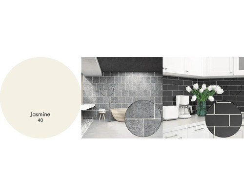 Paleta barev s Jasmine 40 pro design stěn s dlaždicemi v koupelně a kuchyni.