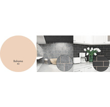 Interiérové scény s dlaždicemi v různých barvách a vzorník barev s názvem Bahama 43