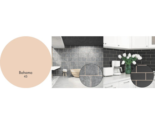 Interiérové scény s dlaždicemi v různých barvách a vzorník barev s názvem Bahama 43