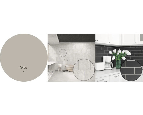 Produktová fotografie s barevným polem Šedá 7, koupelna se šedými obklady a kuchyně s černými obklady.