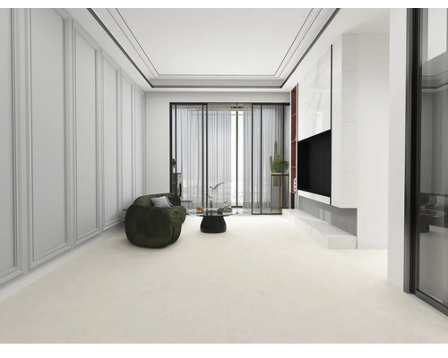 Světlý obývací pokoj s pohovkou, konferenčním stolkem a televizní stěnou