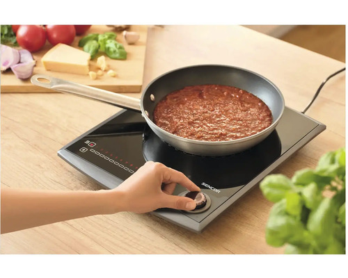 Indukční varná deska s hrncem a osobou ovládající regulátor teploty