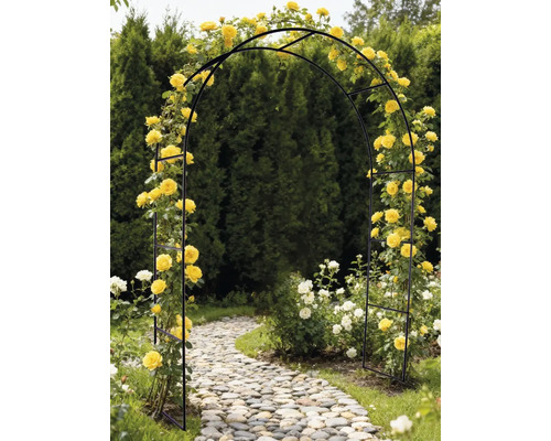 Černá růžová brána se žlutými růžemi v zahradě nad kamennou cestou