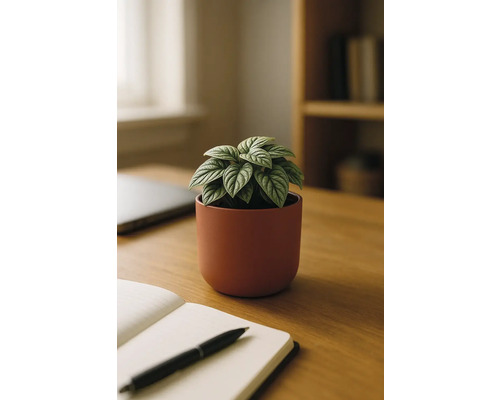 Stolní dekorace s okrasným chřestem v keramickém květináči, zápisníkem a perem