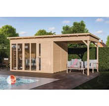 Dřevěný zahradní domek se zastřešením a bazénem na zahradě