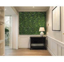 Chodba s rostlinnou stěnou, komodou a lampou