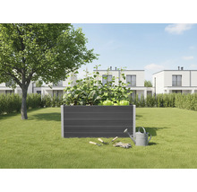 Zvýšený záhon na zahradě se zeleninou, zahradním nářadím a konví